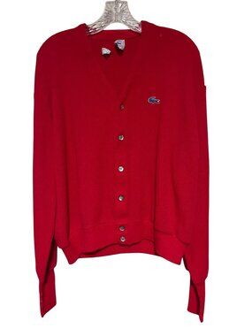 Izod Lacoste Red V-Neck Cardigan Sweater Orlon Acrylic Mens XL Vintage 1980s